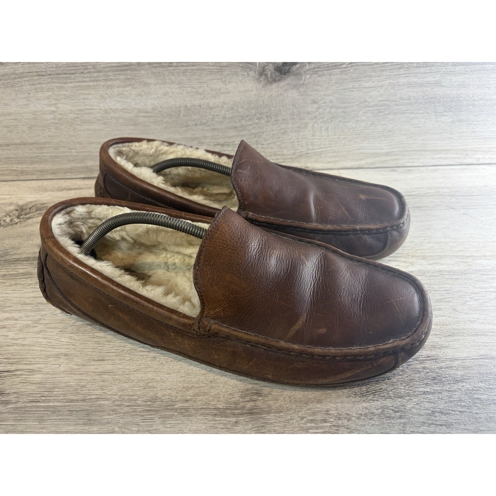 UGG Ascot 5379 Mens 15 Brown Leather Shearling Moccasin Loafer Slippers Comfort